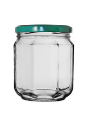 The glass empty jar closed by a metal cover. Isolated on a white background.
