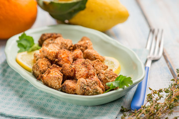 fried baked salmon with lemon and thymus