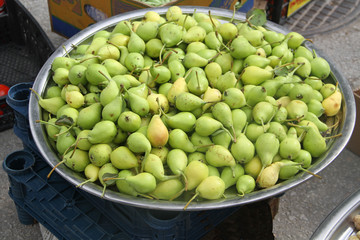 Fresh pears on tray