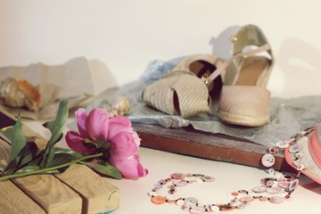 Things, shoes, hat, peony on the table, travel charges, trip, seasonal rest