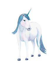 Obraz na płótnie Canvas Watercolor hand drawn illustration with cute white and blue colors unicorn isolated on white background