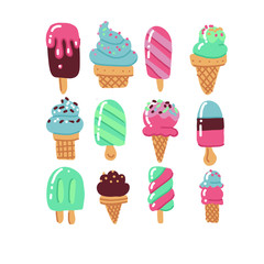 Flat hand drawn art icecream icons set. Dessert food. Set of various types simple ice cream bright color sketches: in waffle cup, popsicle.Vector scribble illustration isolated on white background