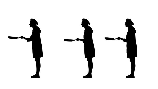 Three black silhouettes of chef female in uniform roasting pancakes.
