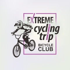 Vector banner or flyer with cyclist on the bike and words Extreme cycling trip. Poster for bicycle club, extreme sports