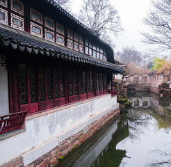 Ancient building china culture style in the Humble Government Park, Suzhou with white wall and water pond on background