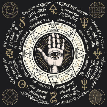 Vector illustration with open hand with all seeing eye symbol. Human palm with signs of the planets, ancient hieroglyphs, medieval runes, spiritual symbols. Divination and prediction of the future