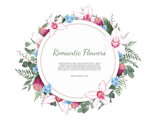 Floral vector round frame with orchid and garden flowers