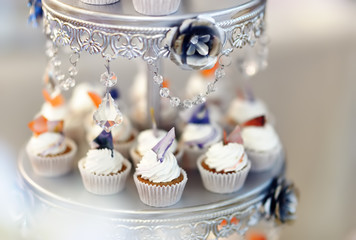 Delicious colorful wedding cupcakes with flower and butterfly and beautiful glazed cake.