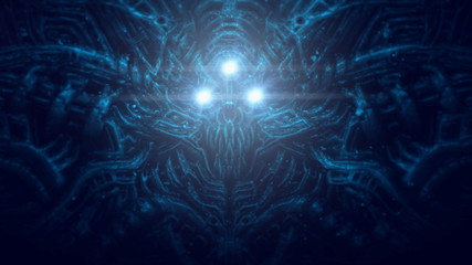 Terrible skull head of cybernetic organism with wires and mechanisms under water.