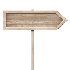 Fototapeta premium Prosty drewniany drogowskaz ze strzałką wykonany z naturalnego drewna z pojedynczym słupem i jasną ramą