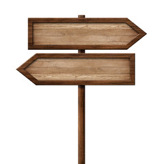 Simple wooden direction arrow signpost roadsign made of natural wood with single pole and dark frame