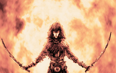 Warrior girl with two raised sabers. © likozor