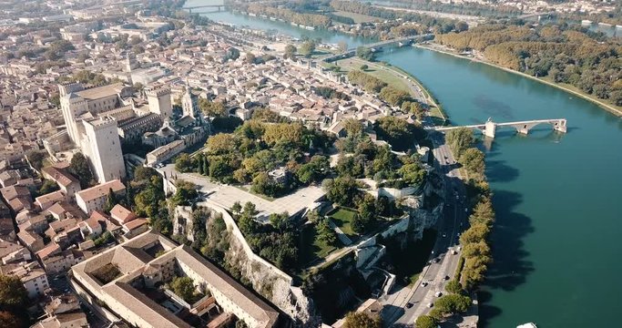 Aerial view of Avignon with Palais des Papes and Rhone river, France