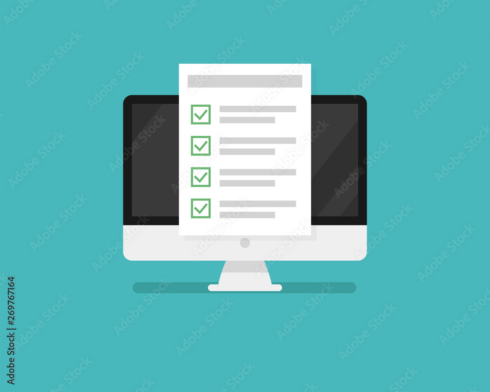 Poster computer and application or test with checklist form with green checkmark. paper document with check