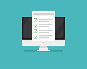 Computer and application or test with checklist form with green checkmark. Paper document with checkbox on page.