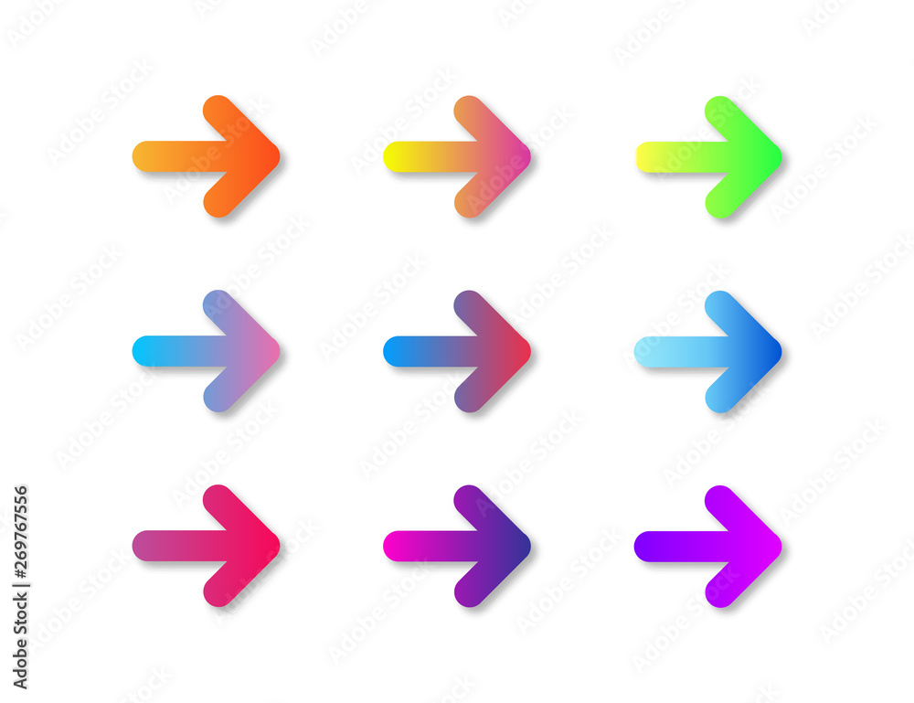 Poster gradient arrow button. colored sign of navigation. isolated arrows with shadows. elements for web or