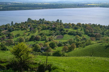 Village on the lake in summer