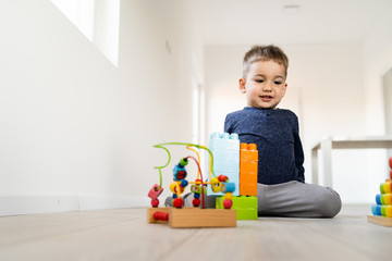 Small boy playing with plastic brick block toys on the wooden floor at home