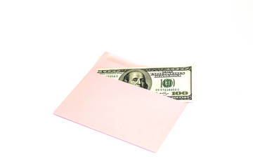 Close up of money in pink envelope are lying on the white background.  Branding mock up; front view on white background.