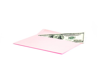 Obraz na płótnie Canvas Close up of money in pink envelope are lying on the white background. Branding mock up; front view on white background.