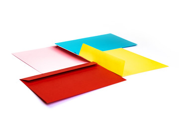 Different colored envelopes on the table. Multi colored envelopes and letters as a background