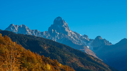 Mount Ushba, one of the most notable peaks of Caucasus Mountains, Svaneti, Georgia