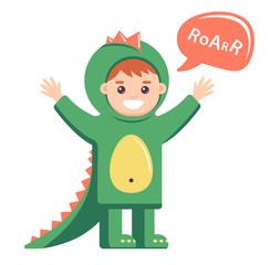 little baby in dragon costume on white background. cute boy depicting dinosaur.