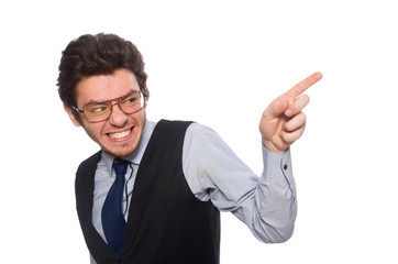 Young businessman in funny concept on white