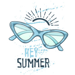 Vector sketch glasses in vintage style. Lettering: hey summer.