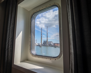 View of Poolbeg towers from onboard a ship
