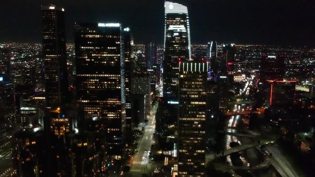 Los Angeles Downtown At Night Aerial Drone View   