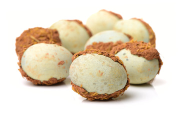preserved duck eggs on white background 