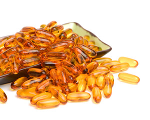 Vitamin Omega-3 fish oil capsules on white background