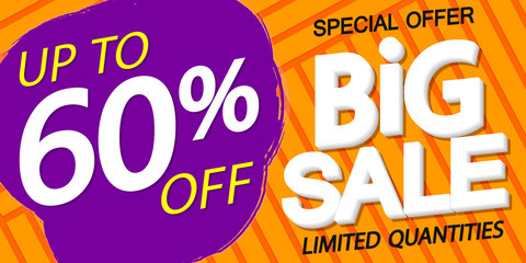 Big Sale, up to 50% off, horizontal poster design template, special offer, discount web banner, vector illustration