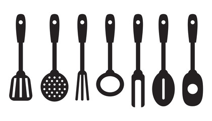 Kitchen tools set, black icons isolated on white background, vector illustration.