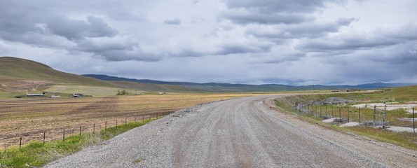 Landscape stormy panorama view from the border of Utah and Idaho from Interstate 84, I-84, view of...
