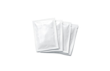 Blank white sachet packets stack mockup, isolated, top view, 3d rendering. Empty airtight pack mock-up for sauce, coffee, wet wipe, mayonnaise. Clear sealed bag with shampoo, cosmetic, gel, cream - obrazy, fototapety, plakaty