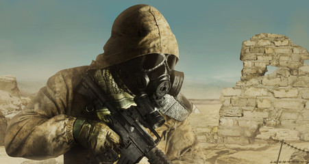 Desert post-apocalyptic soldier standing with rifle profile view.