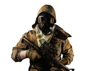 Isolated desert post-apocalyptic soldier front view.