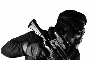 Isolated soldier in skull mask, glasses and beret face front view closeup.