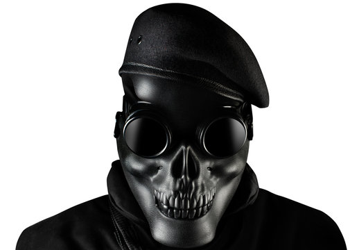 Isolated soldier in skull mask, glasses and beret face front view closeup.