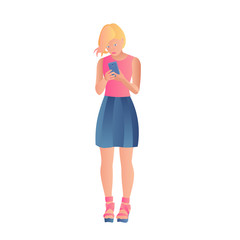 A blonde girl in a t-shirt and skirt is standing, holding the smartphone in front of her with both hands. Woman in summer clothes is looking at the screen of a mobile gadget. Flat vector illustration.
