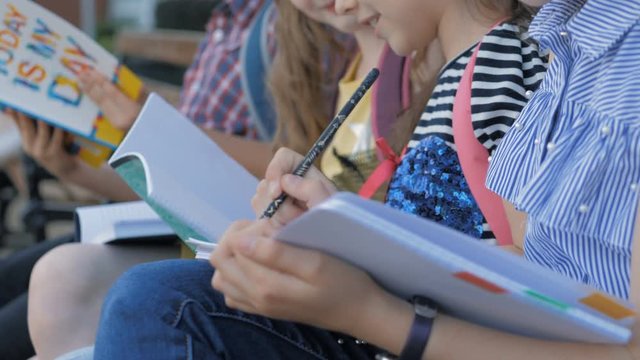 Cute kids study with books and notebooks on bench