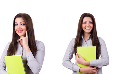 Young beautiful woman holding notes isolated on white