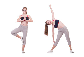 Young woman doing exercises on white