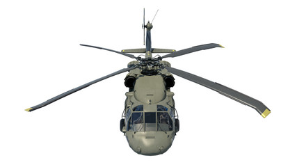 Helicopter in flight, military aircraft, army chopper isolated on white background, front top view, 3D rendering
