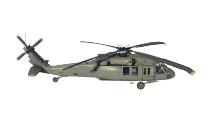 Fototapeta premium Helicopter in flight, military aircraft, army chopper isolated on white background, side view, 3D rendering