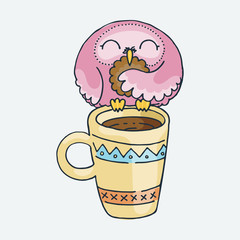 Cute cartoon owl on a mug. Vector clip art illustration for children design, cards, prints, coloring books