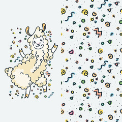 Set of cute cartoon animal and seamless pattern. Vector clip art illustration for children design, cards, prints, coloring books