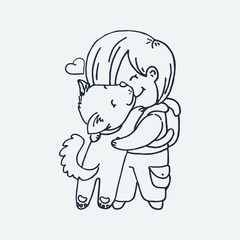Cute cartoon boy and animal. Vector clip art illustration for children design, cards, prints, coloring books